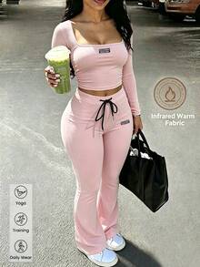 Easithlete Women's Autumn Clothing Fitness Wear Casual Sports Suit Highly Elastic Yoga Two Pieces Set Daily Long Sleeve T-Shirt And Flared Pants - Pink - View 4