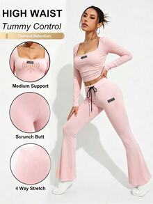 Easithlete Women's Autumn Clothing Fitness Wear Casual Sports Suit Highly Elastic Yoga Two Pieces Set Daily Long Sleeve T-Shirt And Flared Pants - Pink - View 9