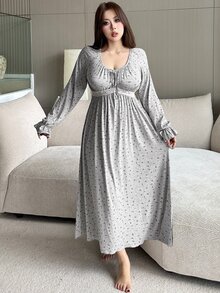 Dazy Plus Plus Size Women Floral Contrast Lace Maxi Nightgown With Flare Sleeves, Elegant For Spring And Autumn, For Fall & Winter Pajamas - Grey - View 7