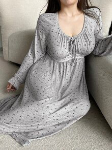 Dazy Plus Plus Size Women Floral Contrast Lace Maxi Nightgown With Flare Sleeves, Elegant For Spring And Autumn, For Fall & Winter Pajamas - Grey - View 6