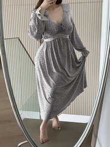 Dazy Plus Plus Size Women Floral Contrast Lace Maxi Nightgown With Flare Sleeves, Elegant For Spring And Autumn, For Fall & Winter Pajamas - Grey - View 4