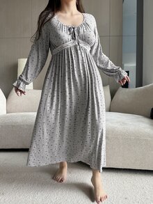 Dazy Plus Plus Size Women Floral Contrast Lace Maxi Nightgown With Flare Sleeves, Elegant For Spring And Autumn, For Fall & Winter Pajamas - Grey - View 5