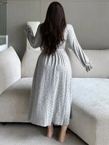 Dazy Plus Plus Size Women Floral Contrast Lace Maxi Nightgown With Flare Sleeves, Elegant For Spring And Autumn, For Fall & Winter Pajamas - Grey - View 2