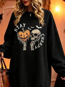 EMERY ROSE Women Spooky Halloween Long Sleeve Sweatshirt Dress, Gothic Skull Pumpkin Graphic Plus Size Crew Neck Pullover Winter - Black - View 8