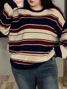 Dazy Plus Plus Size Women's Plus Size Striped Long Sleeve Loose Knitted Pullover Sweater, For Fall/Winter - Multicolor - View 5