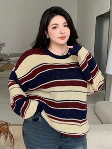 Dazy Plus Plus Size Women's Plus Size Striped Long Sleeve Loose Knitted Pullover Sweater, For Fall/Winter - Multicolor - View 1