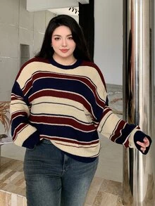 Dazy Plus Plus Size Women's Plus Size Striped Long Sleeve Loose Knitted Pullover Sweater, For Fall/Winter - Multicolor - View 3