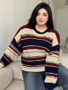Dazy Plus Plus Size Women's Plus Size Striped Long Sleeve Loose Knitted Pullover Sweater, For Fall/Winter - Multicolor - View 4