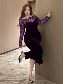 Dazy Plus 情人节加大码女士丝绒撞色蕾丝紧身派对连衣裙，性感弹力，适合约会、优雅场合、舞会、长款连衣裙 - 紫色 - 查看 7