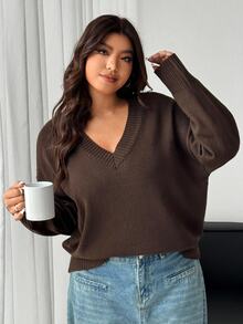 Dazy Plus Plus Size Women V-Neck Loose Thick Pullover Sweater, Casual For Autumn/Winter - Brown - View 8