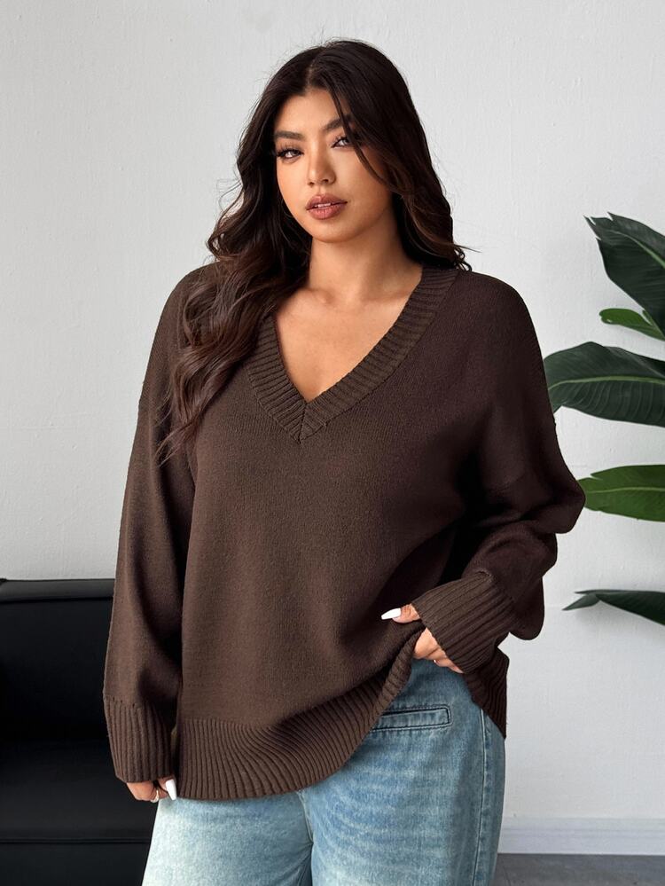 Dazy Plus Plus Size Women V-Neck Loose Thick Pullover Sweater, Casual For Autumn/Winter - Brown - View 6