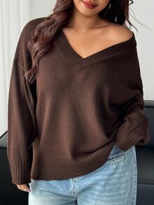 Dazy Plus Plus Size Women V-Neck Loose Thick Pullover Sweater, Casual For Autumn/Winter - Brown - View 3