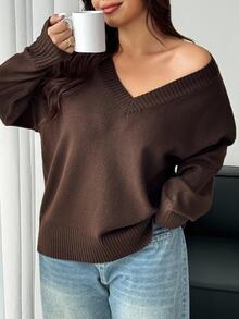 Dazy Plus Plus Size Women V-Neck Loose Thick Pullover Sweater, Casual For Autumn/Winter - Brown - View 4