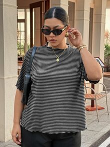 Dazy Plus Oversized Casual Traditional Striped Short Sleeve Grey Summer T-Shirt Formal Club - Dark Grey - View 1
