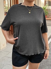 Dazy Plus Oversized Casual Traditional Striped Short Sleeve Grey Summer T-Shirt Formal Club - Dark Grey - View 3