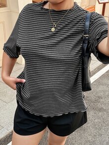 Dazy Plus Oversized Casual Traditional Striped Short Sleeve Grey Summer T-Shirt Formal Club - Dark Grey - View 5