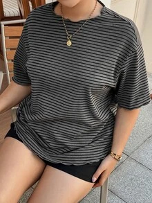 Dazy Plus Oversized Casual Traditional Striped Short Sleeve Grey Summer T-Shirt Formal Club - Dark Grey - View 4