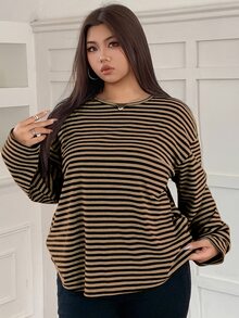 Dazy Plus Plus Size Striped Loose Fit Crew Neck Long Sleeve Street Style Pullover Sweatshirt For Women - Brown - View 3