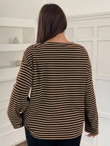 Dazy Plus Plus Size Striped Loose Fit Crew Neck Long Sleeve Street Style Pullover Sweatshirt For Women - Brown - View 2