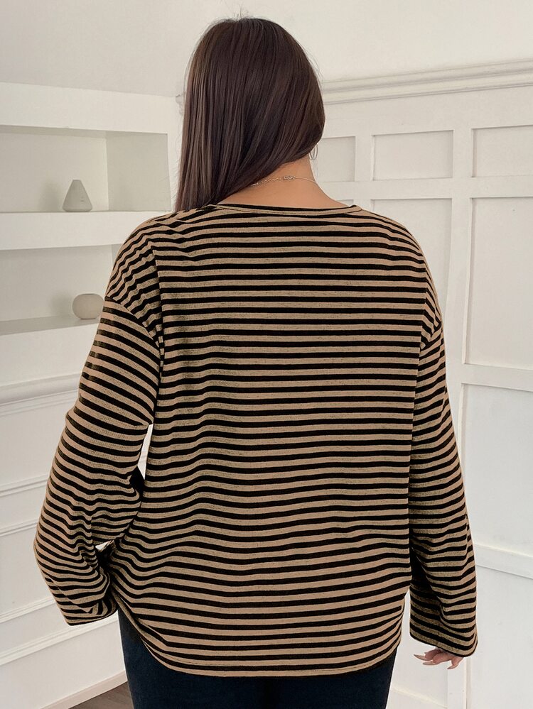 Dazy Plus Plus Size Striped Loose Fit Crew Neck Long Sleeve Street Style Pullover Sweatshirt For Women - Brown - View 2