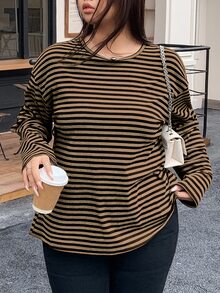 Dazy Plus Plus Size Striped Loose Fit Crew Neck Long Sleeve Street Style Pullover Sweatshirt For Women - Brown - View 5