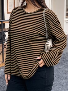Dazy Plus Plus Size Striped Loose Fit Crew Neck Long Sleeve Street Style Pullover Sweatshirt For Women - Brown - View 6