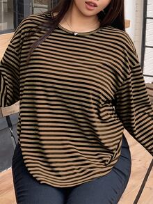 Dazy Plus Plus Size Striped Loose Fit Crew Neck Long Sleeve Street Style Pullover Sweatshirt For Women - Brown - View 1