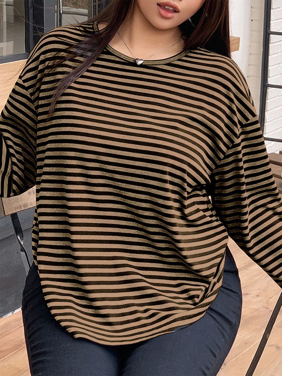 Dazy Plus Plus Size Striped Loose Fit Crew Neck Long Sleeve Street Style Pullover Sweatshirt For Women - Brown - View 1