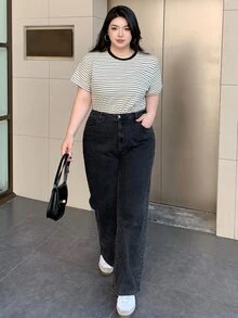 Dazy Plus Camiseta ajustada de manga corta con cuello redondo, bloques de color contrastante y rayas, talla grande, primavera, verano, profesor - Albaricoque - Ver 7