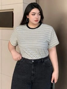 Dazy Plus Camiseta ajustada de manga corta con cuello redondo, bloques de color contrastante y rayas, talla grande, primavera, verano, profesor - Albaricoque - Ver 8