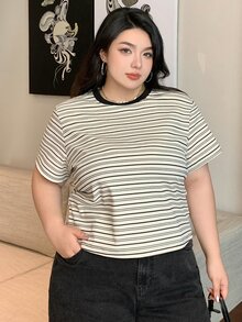 Dazy Plus Camiseta ajustada de manga corta con cuello redondo, bloques de color contrastante y rayas, talla grande, primavera, verano, profesor - Albaricoque - Ver 4