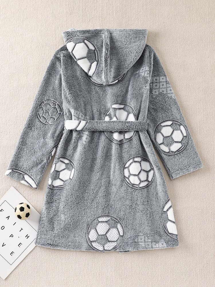 SHEIN Jubah Mandi Rajut Lembut Motif Sepak Bola Abu-abu Berlapis Termal Tebal dengan Tudung, Pakaian Santai Musim Gugur untuk Anak Laki-laki Usia 8-12 Tahun - Grey - View 2