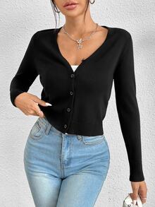 SHEIN PETITE Solid Button Up Cardigan,Knitted Sweater In Fall/Winter ,Petite Women - Black - View 7