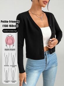 SHEIN PETITE Solid Button Up Cardigan,Knitted Sweater In Fall/Winter ,Petite Women - Black - View 9