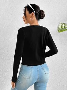SHEIN PETITE Solid Button Up Cardigan,Knitted Sweater In Fall/Winter ,Petite Women - Black - View 2