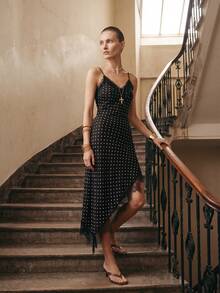 Briarwyn Women's Summer Elegant Polka Dot Print Lace Patchwork Asymmetrical Hem Cami Dress - Black - View 2
