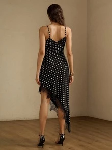 Briarwyn Women's Summer Elegant Polka Dot Print Lace Patchwork Asymmetrical Hem Cami Dress - Black - View 3