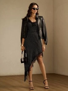 Briarwyn Women's Summer Elegant Polka Dot Print Lace Patchwork Asymmetrical Hem Cami Dress - Black - View 6