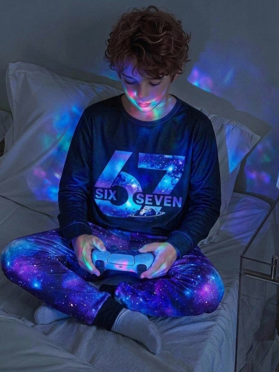 SHEIN 2pcs Kids Tween Boy Casual Daily Comfortable Printed Starry Sky Pattern 67 Graphic Crew Neck Pullover Pajama Top And Long Pants Knit Loungewear Slim Fit Set - Black - View 1