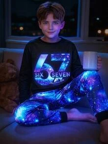 SHEIN 2pcs Kids Tween Boy Casual Daily Comfortable Printed Starry Sky Pattern 67 Graphic Crew Neck Pullover Pajama Top And Long Pants Knit Loungewear Slim Fit Set - Black - View 9