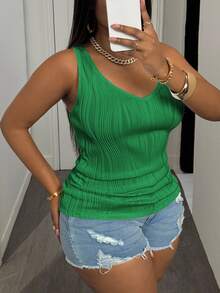 Slaydiva Camiseta de tirantes acanalada de cuello en V básica para mujer de talla grande, blanca - Verde - Ver 4