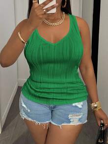 Slaydiva Camiseta de tirantes acanalada de cuello en V básica para mujer de talla grande, blanca - Verde - Ver 5
