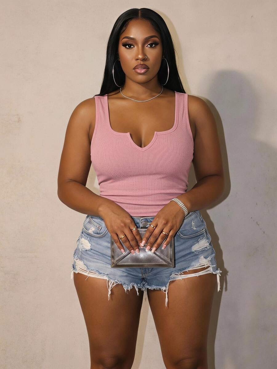 Slaydiva Top corto de unicolor talla grande, casual y minimalista, adecuado para el verano - Multicolor - Ver 1