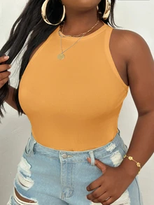 Slaydiva Camiseta de tirantes básica blanca de cuello redondo y hombros descubiertos para tallas grandes - Amarillo - Ver 3