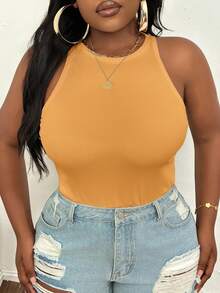 Slaydiva Camiseta de tirantes básica blanca de cuello redondo y hombros descubiertos para tallas grandes - Amarillo - Ver 4