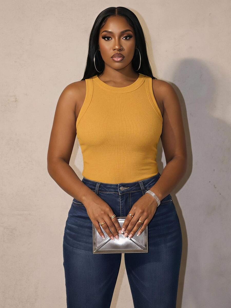 Slaydiva Camiseta de tirantes básica blanca de cuello redondo y hombros descubiertos para tallas grandes - Amarillo - Ver 1