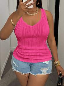 Slaydiva Plus Size Women's Casual Basic V-Neck Camisole, White - Hot Pink - View 5