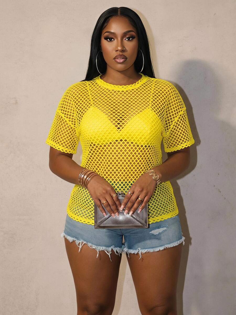 Slaydiva Plus Size Street Style Casual Semi-See-Through Loose Fit Half Sleeve Round Neck Long T-Shirt, Spring Autumn - Yellow - View 1