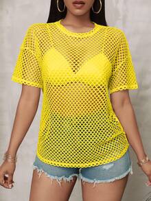 Slaydiva Plus Size Street Style Casual Semi-See-Through Loose Fit Half Sleeve Round Neck Long T-Shirt, Spring Autumn - Yellow - View 6