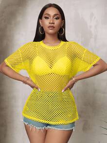 Slaydiva Plus Size Street Style Casual Semi-See-Through Loose Fit Half Sleeve Round Neck Long T-Shirt, Spring Autumn - Yellow - View 5